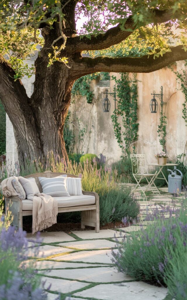 A photo of a charming French country backyard with a large, mature oak tree. Beneath the tree is a rustic wooden bench with soft cushions and a cozy throw draped over one side. Surrounding the tree are lavender bushes, wildflowers, and creeping thyme, which line a stone pathway. In the background, a weathered stone wall with climbing vines and wrought iron lanterns adds to the timeless ambiance. Nearby, a small bistro table with chairs and a vintage watering can complete the serene, inviting garden scene, bathed in warm afternoon sunlight.