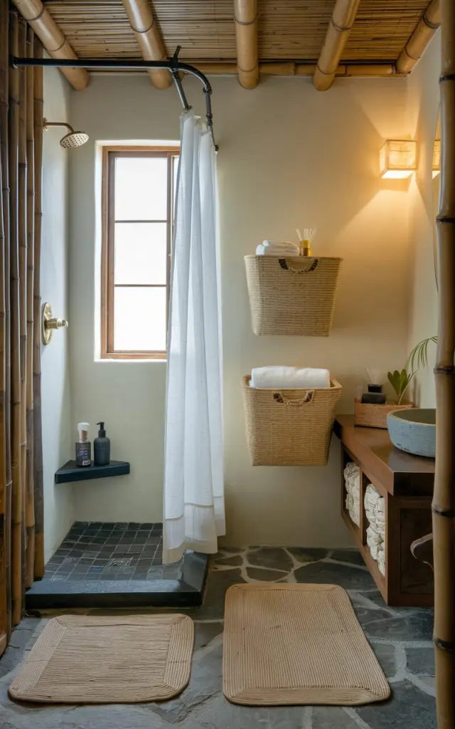 A photo of a charming, beautiful small Asian Zen bathroom with a shower area, curtained window, floor rug, and a floating wooden vanity. There are two stacked storage bins made of natural woven materials in the unused corner on the wall, holding towels and cleaning supplies. The room has bamboo accents, stone flooring, and soft ambient lighting. The arrangement keeps the compact bathroom tidy and functional while maintaining a serene, spa-like Zen atmosphere.
