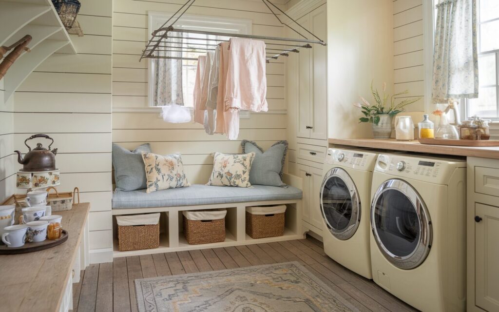 A photo of a charming laundry room in soft cottagecore and countryside style. The room has weathered wooden floors and white shiplap walls. There's a cozy coffee nook in one corner, with a vintage kettle, stacked mugs, and jars of tea. A cushioned bench with floral throw pillows and woven baskets offers seating and storage. An antique-style drying rack hangs from the ceiling, with linen garments draped over it. A front-loading washer and dryer in creamy white are built into cabinetry. Light is filtered through curtained window. Floor has a patterned area rug.