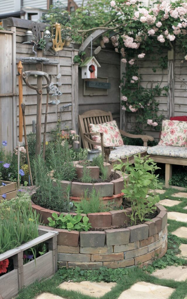 A photo of a cottagecore backyard with a whimsical charm. There's a small herb spiral made of reclaimed stone and brick with rosemary, thyme, and mint in lush growth. The spiral sits at the corner of a cozy garden, surrounded by wildflowers, mismatched wooden planters, and vintage garden tools. Nearby, a wooden bench with floral cushions invites rest under a climbing rose arch. There is a separate lounge area with cushions. A handmade birdhouse hangs from a post.