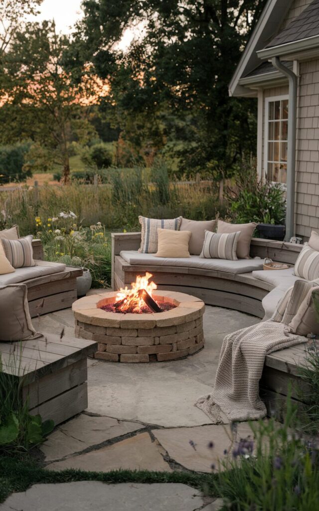A photo of a cozy backyard patio in a countryside style. There is a built-in seating area around a rustic stone fire pit (flames burning). The seating is made of weathered wood and is covered with plush neutral-toned cushions and throw blankets. The patio is surrounded by lush greenery and wildflowers. The patio is attached to a house. Soft evening light casts a warm, inviting glow over the scene.