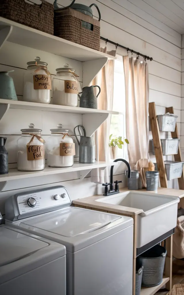 A photo of a farmhouse laundry room with open white wooden shelves. The shelves display 2-3 clear glass jars filled with laundry powders and pods. Each jar has a hand-lettered kraft paper label with quirky names like "Sudsy Magic," "Bubble Boost," and "Fluff & Fold." The jars are placed neatly beside vintage enamel pitchers and woven baskets on a shiplap wall backdrop. The laundry room has a washer and dryer stacked on top of one another. A farmhouse sink with an apron front and a black matte faucet anchors the space. Soft natural light filters through linen curtains, highlighting rustic touches like a wooden ladder and galvanized metal bins. The focus is on the jars.