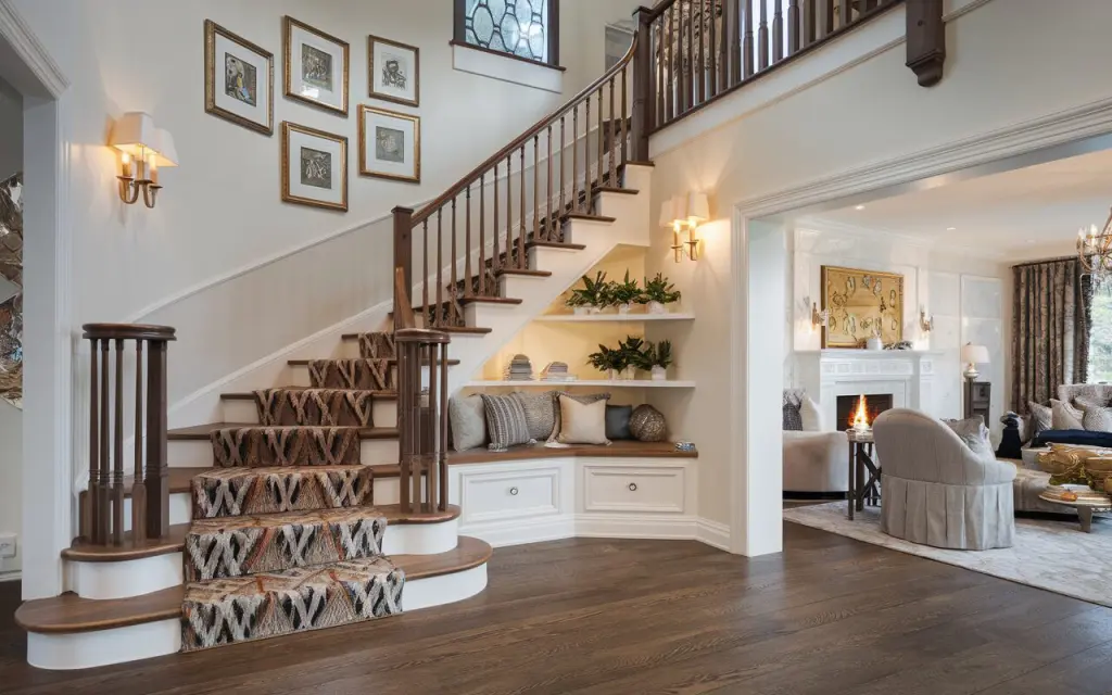 A photo of a fully furnished posh English countryside glam style living room. The room features a grand, statement-making staircase with natural stone treads and rich wood railings. The staircase incorporates Moroccan patterned risers, wall mounted sconces, and LED strip lights under each step. A reading nook and built-in storage drawers are located beneath the staircase. The side wall has a gallery wall of framed art. Plant shelves line the railing. The living room is lavishly decorated with plush seating, a roaring fireplace, layered rugs, and gold-accented décor, exuding both countryside charm and glamorous sophistication.