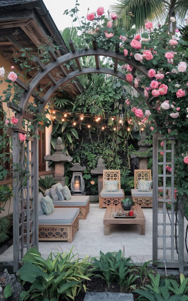 A photo of a lush Balinese backyard attached to a traditional-style house. There is an elegant arched wooden trellis covered in vibrant climbing roses in full bloom. Beyond the trellis lies a spacious patio furnished with carved teak lounge chairs, tropical cushions, and a low wooden coffee table. Traditional Balinese stone statues and lanterns decorate the space, surrounded by dense greenery and tropical plants. Dawn time, string lights in the patio are lit-up.