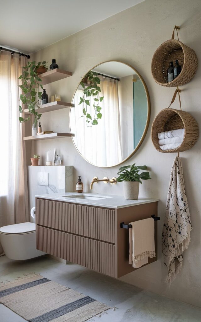 A photo of a modern Boho + chic bathroom with a floating vanity, a round mirror with brass accents, and potted plants. There are two woven baskets hanging from the wall near the vanity, holding towels, toiletries, and bottles. The bathroom has sleek, minimalist shelving, marble countertops, a floor rug, and is illuminated by soft, natural light.