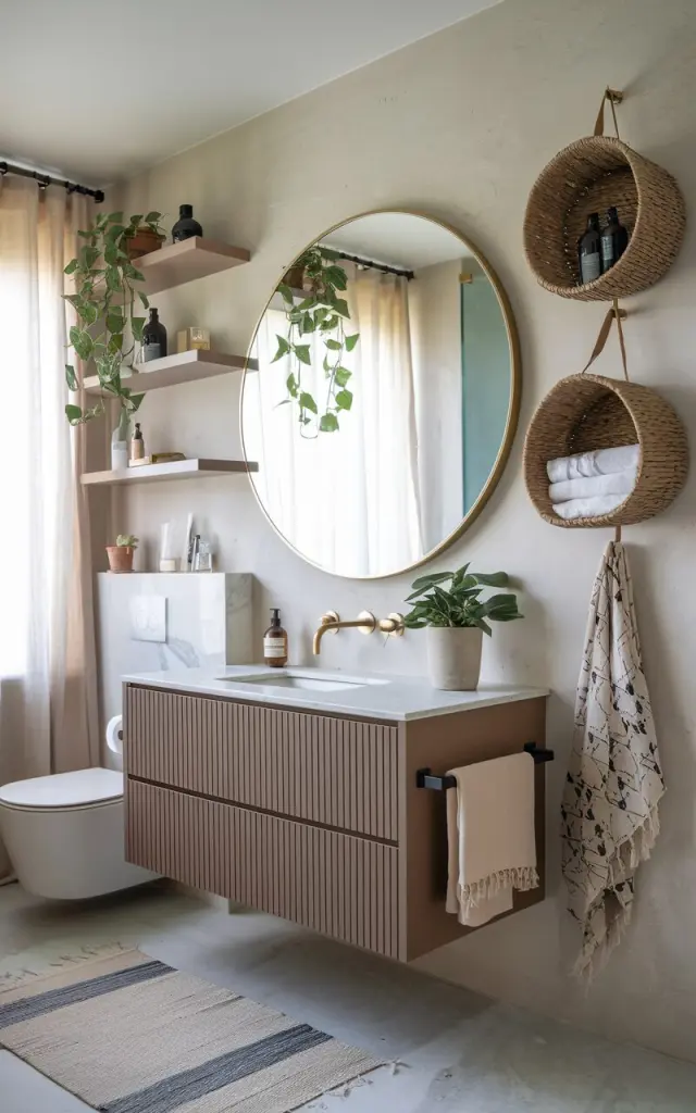 A photo of a modern Boho + chic bathroom with a floating vanity, a round mirror with brass accents, and potted plants. There are two woven baskets hanging from the wall near the vanity, holding towels, toiletries, and bottles. The bathroom has sleek, minimalist shelving, marble countertops, a floor rug, and is illuminated by soft, natural light.