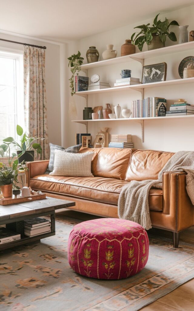 A photo of a modern cottagecore living room with a warm-toned leather couch and a plush bright colored, patterned ottoman for extra seating. The room is fully furnished with a rustic wooden coffee table, a soft floral-patterned area rug, and open shelving displaying books, potted plants, and vintage ceramics. Natural light is soft, ambient through a curtained window. A few cozy throws and knitted pillows add texture to the couch.