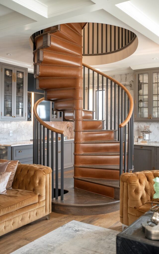 A photo of a modern glam + rustic style home with a spiral staircase positioned elegantly between the kitchen and living area. The handrail is wrapped in smooth, rich caramel leather with neat stitching, adding a luxe, tactile contrast to the rustic elements. The staircase treads are warm reclaimed wood, paired with sleek black metal balusters. Surrounding the stairs, the kitchen is fully furnished with hardware, cabinetry and marble countertop, while the living area features plush velvet sofas and metallic accents. Soft lighting highlights the spiral's curves, creating a stylish focal point that blends rustic charm with modern sophistication.