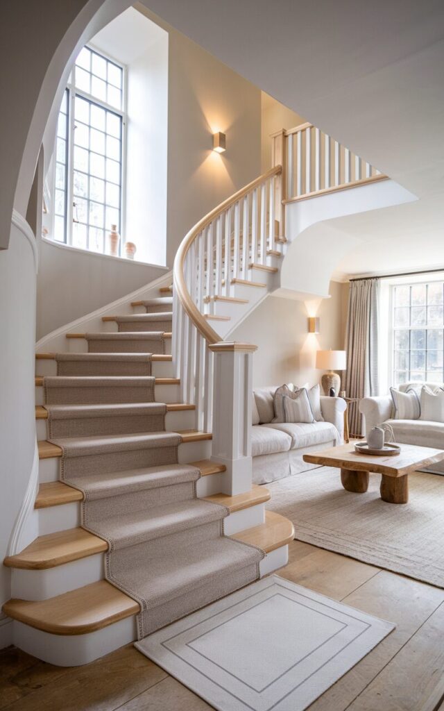A photo of a modern, posh English countryside house with a minimalist appeal. The living room has a staircase in the corner, designed with layered neutral tones. The stairs have soft beige wool carpet runners over pale oak treads, paired with white patterned risers and a simple, elegant white balustrade. Walls have scones with warm light on. The living room is styled with plush linen sofas, a natural wood coffee table, and subtle stone accents. Large windows let in gentle natural light. The overall vibe is calm, sophisticated, and effortlessly chic, blending countryside warmth with modern restraint.