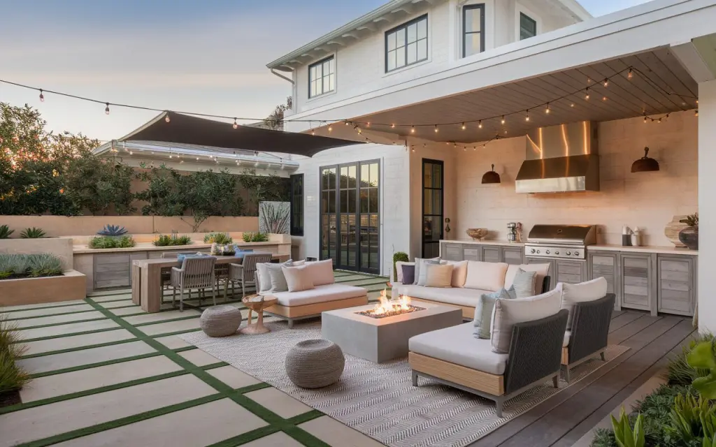 A photo of a modern rustic backyard patio in a Posh California coastal home. The space seamlessly blends luxury with natural warmth. There's a spacious seating area with plush, neutral-toned sofas and contrasting textured cushions, and a patterned rug arranged around a sleek stone fire pit. A large wooden dining table with comfortable chairs sits under a retractable fabric awning, perfect for alfresco meals. The modern cooking station boasts stainless steel appliances set into weathered wood cabinetry topped with stone counters. Soft string lights hang overhead, casting a warm glow as evening falls. The flooring combines wide plank wood decking and smooth stone tiles, framed by lush planters filled with native coastal greenery and subtle privacy screens. Decorative accents like woven rugs, artisan pottery, and subtle coastal art complete this inviting, elegant outdoor retreat.