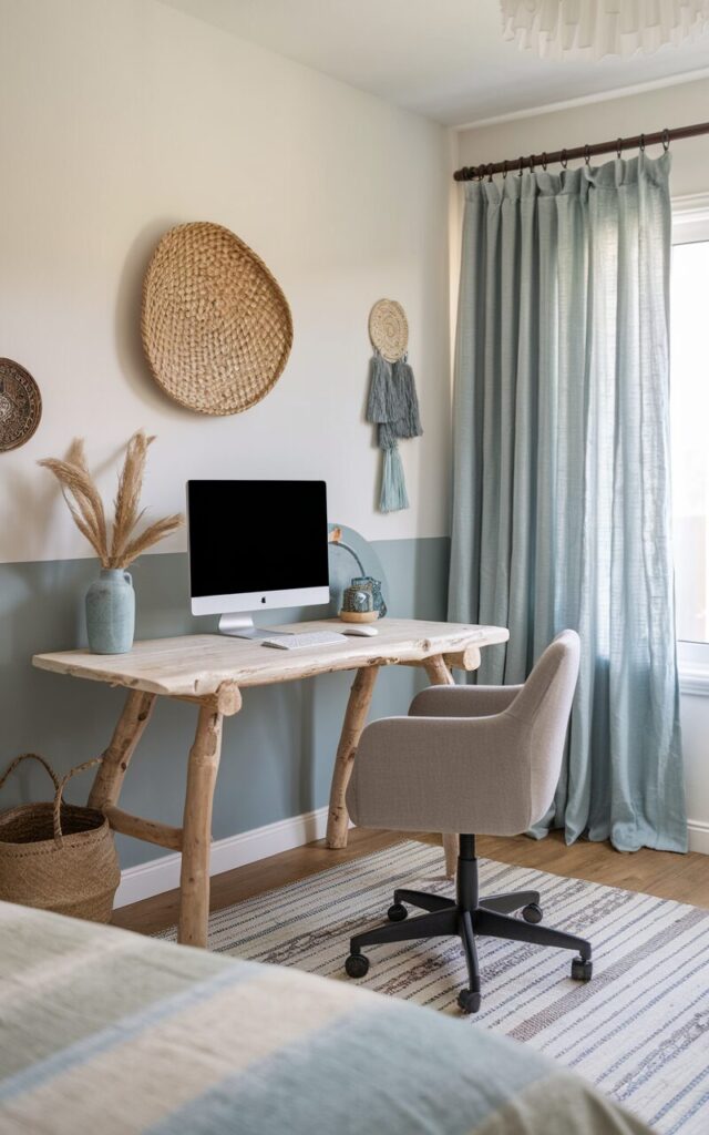 A photo of a serene home office styled in alpine chic with coastal influences. The room has a bed, a driftwood desk with a sleek monitor, a wireless keyboard and mouse, a comfortable rolling armchair, a woven basket, and light-filtering linen curtains. The walls are half white, and there are soft blue accents, natural wood tones, and cozy wool textures. The natural light is soft.