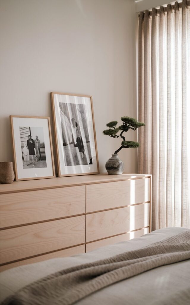 A serene photo of a modern Japandi bedroom with a minimalist design and a calming neutral palette of soft whites, beiges, and natural wood tones. Above a clean-lined wooden dresser, two to three black-and-white family photos are framed in thin natural oak frames. The photos are thoughtfully spaced, creating a harmonious and intentional display. Nearby, soft linen curtains filter gentle light, while a single bonsai plant or ceramic vase adds quiet balance. The room blends Scandinavian simplicity with Japanese warmth, and the photo display brings a deeply personal, soulful touch. Natural light is soft, ambient.