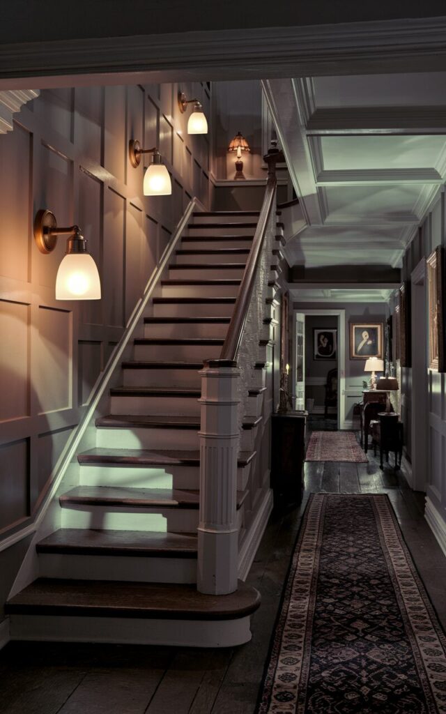 A photo of a traditional-style house interior at night, with a staircase softly illuminated by 2-3 side-mounted wall sconces along the steps. The sconces feature classic brass fixtures with frosted glass shades, casting warm, ambient light that highlights the rich wooden treads and detailed molding on the staircase. Shadows dance gently on the paneled walls, enhancing the cozy, timeless atmosphere. The surrounding hallway is dimly lit with vintage decor elements like a patterned runner rug, framed portraits, and antique furniture, creating an inviting and elegant nighttime scene.