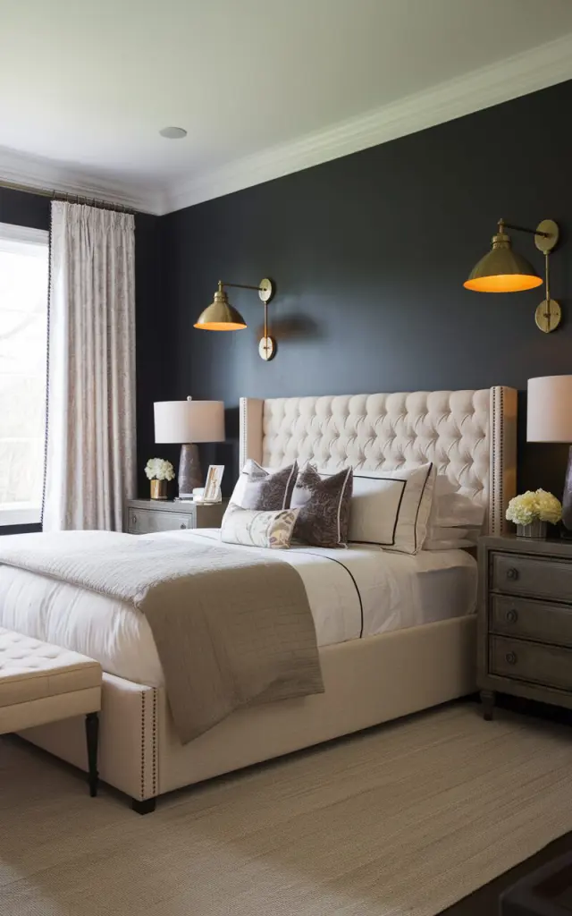 A photo of a transitional-style bedroom with a dark gray wall and a white ceiling. The room has a wall-mounted brass sconce (with amber yellow light) on either side of the bed. The bed has a beige tufted headboard and is positioned in the center of the room. There are two nightstands on either side of the bed. The nightstand on the right has a lamp. There is a beige rug beneath the bed. The room has a window with white curtains. The room has a polished yet inviting ambiance.