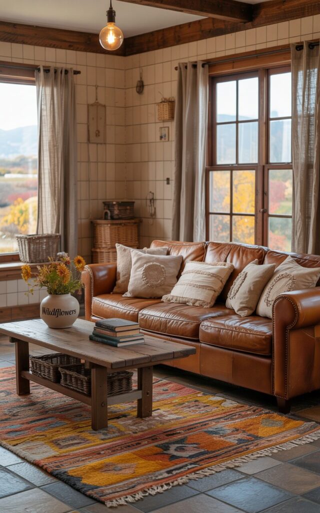 A photograph of a cozy farmhouse-style living room centered around a rich, distressed brown leather couch. The couch is positioned facing a large window overlooking a vibrant autumn landscape, adorned with several soft, hand-stitched throw pillows in muted cream and beige tones, resting on a large Morocco-patterned rug with warm oranges and ochre tones. Across from the couch, a reclaimed wood coffee table holds a stack of well-worn books and a ceramic vase displaying "wildflowers" while woven baskets sit neatly against the tiled beige walls lined with rustic wooden beams. Soft, natural light streams through linen curtains, illuminating the vintage farmhouse decor and a single Edison bulb pendant light, creating a warm and inviting atmosphere.