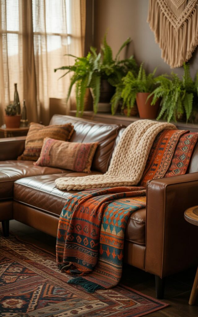 A photograph of a plush, deep brown leather couch, acting as the central element in a cozy living room scene. The couch is artfully draped with a chunky cream knit throw and a vividly patterned woven blanket featuring orange and turquoise geometric designs, while several vintage cushions in earthy tones are scattered casually across the cushions. A richly patterned area rug anchors the space and soft light streams through embroidered linen curtains, illuminating a nearby macrame wall hanging and several terracotta pots overflowing with lush ferns. The room is bathed in warm, diffused natural light, creating a relaxed and inviting bohemian atmosphere.