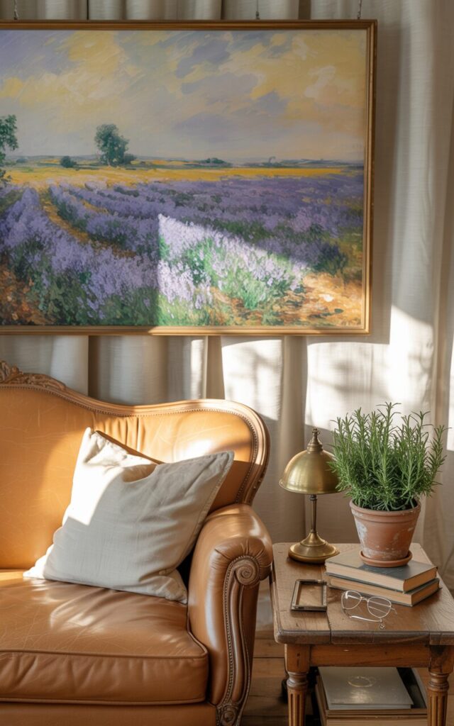 A photograph of a spacious French countryside living room bathed in the warm glow of late afternoon sunlight, with the focal point being a large, impressionistic painting hanging above a plush caramel-colored leather couch. The painting depicts a sprawling lavender field under a golden sky, its brushstrokes capturing the gentle sway of the flowers and the hazy distance. Below the painting, the couch features intricately carved wooden legs and elegant tufted upholstery, complemented by a soft cream linen cushion, while a vintage wooden side table next to it holds a brass lamp, antique books, reading glasses and a small terracotta pot with a vibrant rosemary plant. Soft, diffused sunlight streams through sheer linen curtains, casting gentle shadows across the room and enhancing the sense of tranquility. 