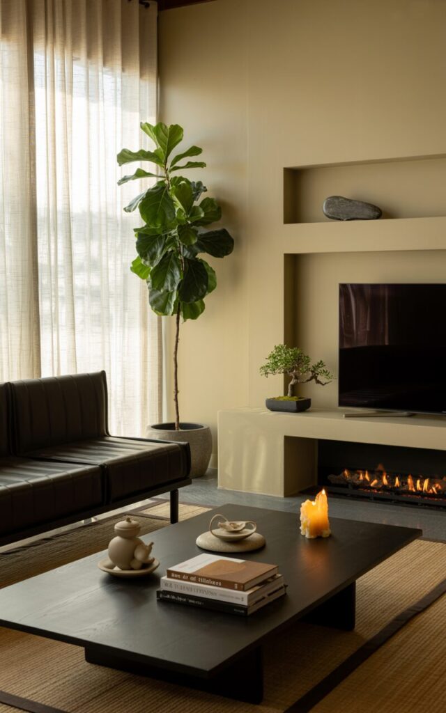 A photograph of a serene modern living room designed in an Asian Zen style, centered around a sleek, low-profile dark brown leather sofa. The sofa faces a minimalist fireplace, accented by a large television across the room, while a tall, lush fiddle-leaf fig in a simple ceramic pot stands gracefully beside it. A low wooden coffee table holds a delicate porcelain tea set, a stack of books titled "The Art of Stillness," and a flickering beeswax candle, illuminated by soft, diffused golden hour light filtering through sheer linen curtains, creating a tranquil atmosphere. The room features soft tatami mats, a neutral-toned rug, and an open shelf displaying a single, smooth river stone and a small bonsai tree.