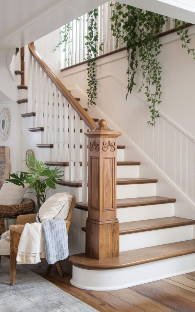 A photo of a modern cottagecore-style home with a staircase featuring an oversized stained oak newel post with intricate carved details. The staircase has soft white balusters and warm wooden treads. The surrounding area is decorated with cozy textiles, vintage-inspired decor, and lush greenery, creating a warm and lived-in atmosphere.