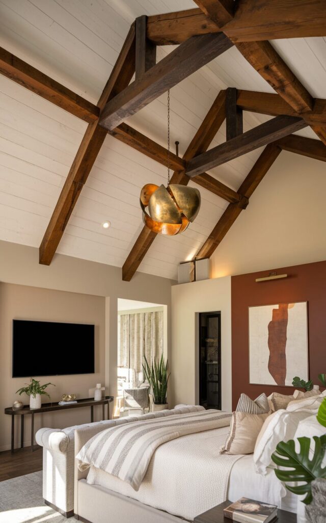 A photo of a posh modern rustic bedroom with vaulted ceilings adorned by exposed wooden beams in a rich walnut finish. Between the beams hangs a sculptural pendant light in aged brass, casting a warm, ambient glow. The ceiling treatment draws the eye upward, making the space feel grand yet grounded. Below, the room features a mix of plush textures: a linen-upholstered bed, a TV wall mounted across the bed, a side table, layered neutral bedding, accent walls in beige + bold brown having an oil-painted art. The room also has a few plants. Natural light is soft.