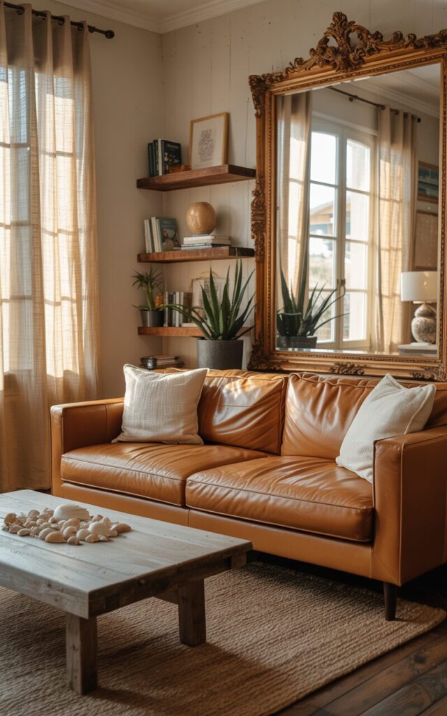 A photograph of a luxurious living room designed with a blend of rustic and coastal aesthetics. A rich, caramel-colored leather sofa dominates the space, facing a large, ornate gold-framed mirror mounted on the wall behind it, reflecting warm sunlight and expanding the room's visual depth. The room includes a weathered wooden coffee table adorned with a scattering of seashells and a woven jute rug grounding the space, while sheer linen curtains softly diffuse sunlight from a nearby window. Decorative wooden shelving displaying coastal-themed books and potted succulents enhances the overall ambiance of serene elegance.