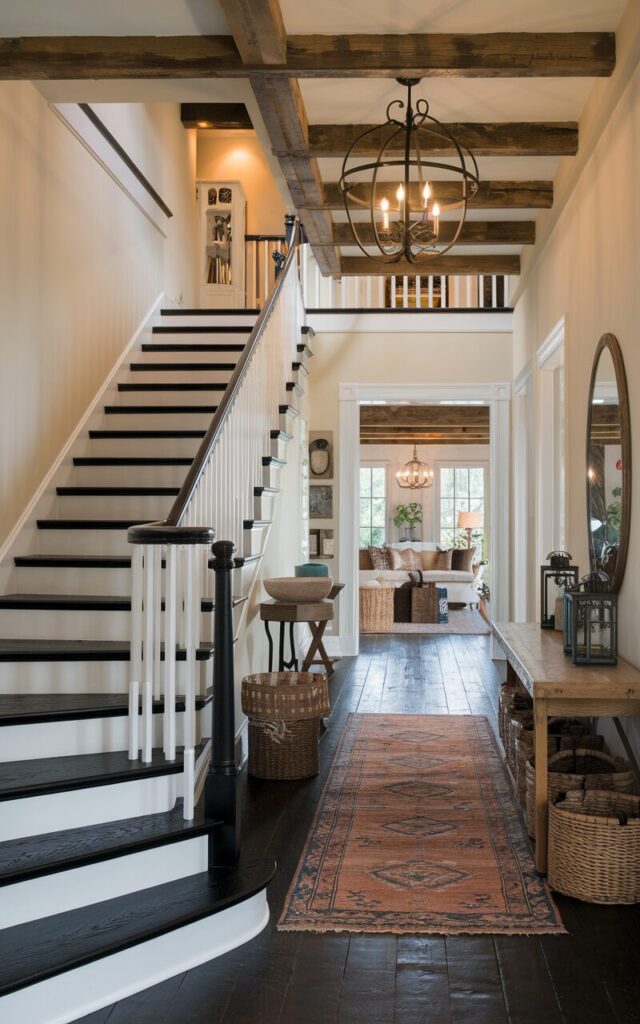 A photo of a posh rustic house hallway with a staircase featuring striking black wooden steps contrasted by crisp white railings. The stairs lead gracefully into the living room, visible at the end of the hallway. The space is fully furnished with a warm-toned wooden console table, a vintage rug, and rustic decor like woven baskets and iron lanterns. The ceiling showcases exposed wooden beams and a wrought iron chandelier, casting a warm glow that highlights the rich textures and elegant contrasts of the staircase and hallway.