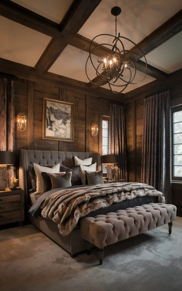 A photo of a refined alpine chic European bedroom with rich textures. The room has wood-paneled walls and a moody, romantic color palette of deep charcoal, creamy whites, and warm browns. Hanging from a beamed ceiling is a bold statement light fixture, a sculptural iron chandelier. The lighting casts a warm, golden glow over a tufted bed dressed in luxe linens and faux fur throws. Old-world framed art, velvet drapes, and distressed wooden nightstands add European elegance with a mountain lodge soul.
