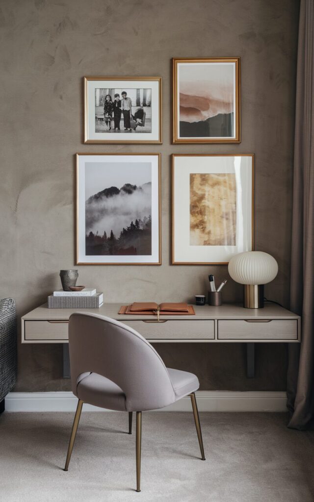 A photo of a refined home office styled in glam Japandi. There's a smooth taupe plastered wall with 2-3 framed prints hanging. The prints include a black-and-white family photo, a misty mountain landscape, and an abstract in muted gold tones. The frames are thin, brushed brass, adding subtle sophistication. Below the wall, there's a clean-lined ash wood desk with a ceramic teacup, a leather-bound journal, a mini computer, a pen holder, and a sculptural table lamp. A low, fabric-covered chair in muted grey with gold legs is placed near the desk. The surrounding space includes a living room.