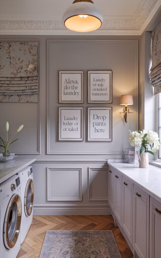 A refined modern Gustavian + traditional laundry room with soft dove gray walls, detailed panel molding, and antique brass fixtures. On one wall above the folding counter, two to three small gilded or distressed wood frames hold printed laundry quotes in elegant serif fonts—sayings like “Alexa, do the laundry”, “Laundry today or naked tomorrow,” and "Drop your pants here". The frames are arranged gallery-style beneath a wall sconce with a linen shade. Marble countertops, pleated Roman blinds in muted florals, and pale parquet flooring complete the look. The room feels both regal and whimsically charming. The room has a washer, dryer, curtained window, floor rug, ceiling pendant light with warm light on. Show close view of the quotes.