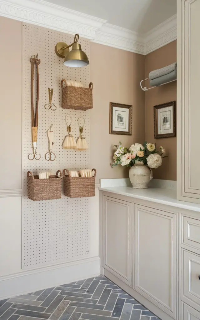 A refined transitional + European-style laundry room with soft ivory walls, herringbone stone tile flooring, and elegant molding details. One wall features a tall, vertical pegboard painted in a muted greige tone, seamlessly blending into the sophisticated space. Peg hooks hold gold-handled scissors, wooden clothespins, natural-bristle brushes, and two small woven mini baskets filled with laundry tools. Above the pegboard, a brass picture light adds an elevated touch. The washer and dryer are built into custom cabinetry with classic European paneling. Delicate florals in a ceramic vase and antique framed prints bring in old-world charm.