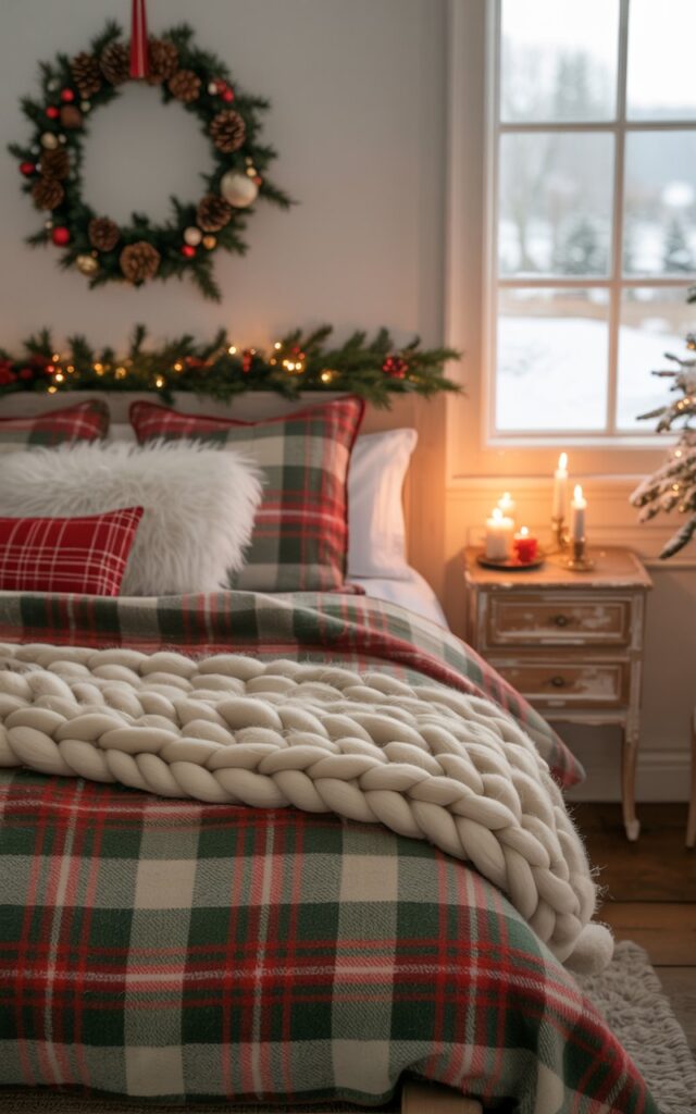 A photograph of a luxuriously made bed in a charming countryside bedroom decorated for Christmas. The bed is adorned with layers of soft red, green, and white plaid linens and fluffy throw pillows, topped with a thick, chunky knit blanket in cream. A small, circular wreath with pine cones and miniature ornaments hangs above the headboard, while a vintage wooden nightstand holds a flickering candle, and soft, warm light streams in through a window framing a snowy landscape. The scene exudes a sense of cozy holiday warmth and rustic elegance.