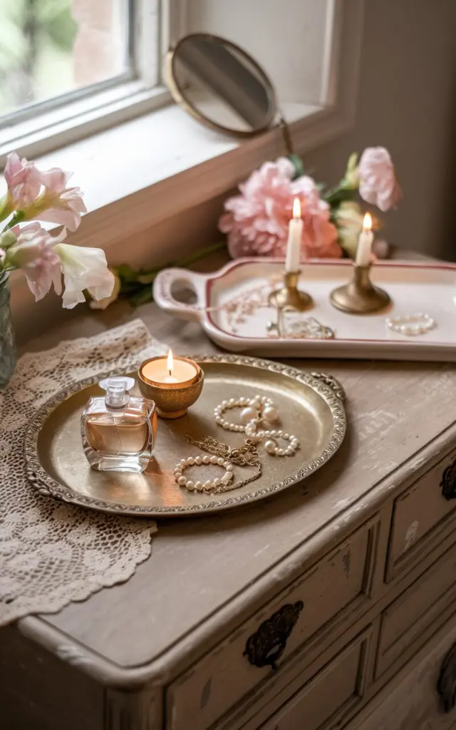 A photo of a romantic vintage chic bedroom with a wooden dresser. The dresser has a slightly distressed finish and is placed near the window. On top of the dresser, there are two elegant trays. The first tray is made of brass and holds dainty perfume bottles, a flickering candle in a vintage holder, and everyday jewelry like rings and pearl earrings. The second tray is ceramic and is artfully arranged in a similar manner. The trays bring order and elegance to the surface, creating a soft, feminine vignette. A lace doily, a vintage hand mirror, and a few fresh flowers complete the dreamy setup. The room has a warm, inviting atmosphere.