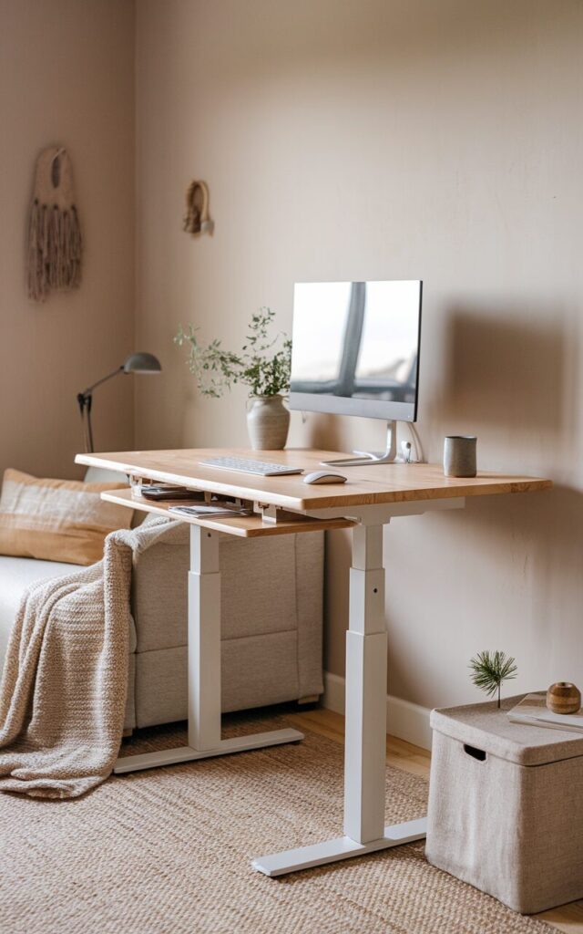 A photo of a rustic Scandi-style home office setup nestled beside a neutral-toned sofa in the living room. The office features a height-adjustable standing desk made of light, knotty pine wood. A sleek monitor sits atop the desk, paired with a minimalist keyboard and mouse. The background includes soft beige walls and a jute rug, with a knitted throw draped casually over the nearby sofa. A ceramic mug, a small pine-scented candle, and a linen-covered storage box add cozy, grounded touches. Natural textures, earthy tones, and clean Scandinavian lines create a warm yet functional workspace that blends effortlessly into the relaxed living area. Natural light is filtered.