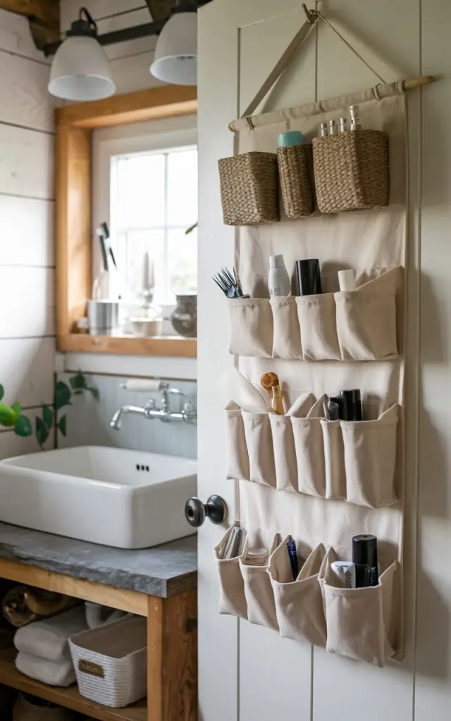 A photo of a rustic bathroom featuring an over-the-door organizer hanging neatly on the back of the bathroom door. The organizer holds hair tools, toiletries, and small essentials in woven and canvas pockets, keeping the compact space clutter-free. The bathroom has wooden accents, a stone countertop, and a farmhouse sink, with soft natural light streaming in from a small window. The setup blends practical storage with cozy rustic charm, making the small bathroom feel both organized and inviting.