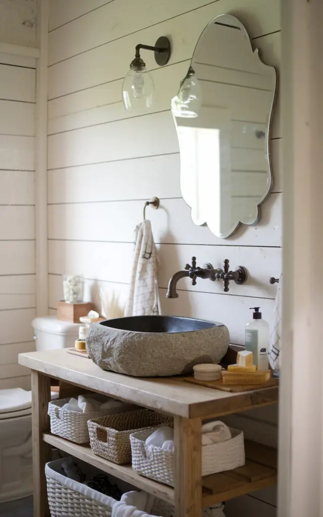 A photo of a rustic farmhouse bathroom with a wall-mounted bronze faucet above a wooden vanity with a stone vessel countertop. The area below the faucet is organized with woven baskets, soaps, and neatly arranged toiletries. The bathroom has shiplap walls, an unusual shape mirror, and soft natural light filtering in. The photo focuses on the wall-mounted faucet.