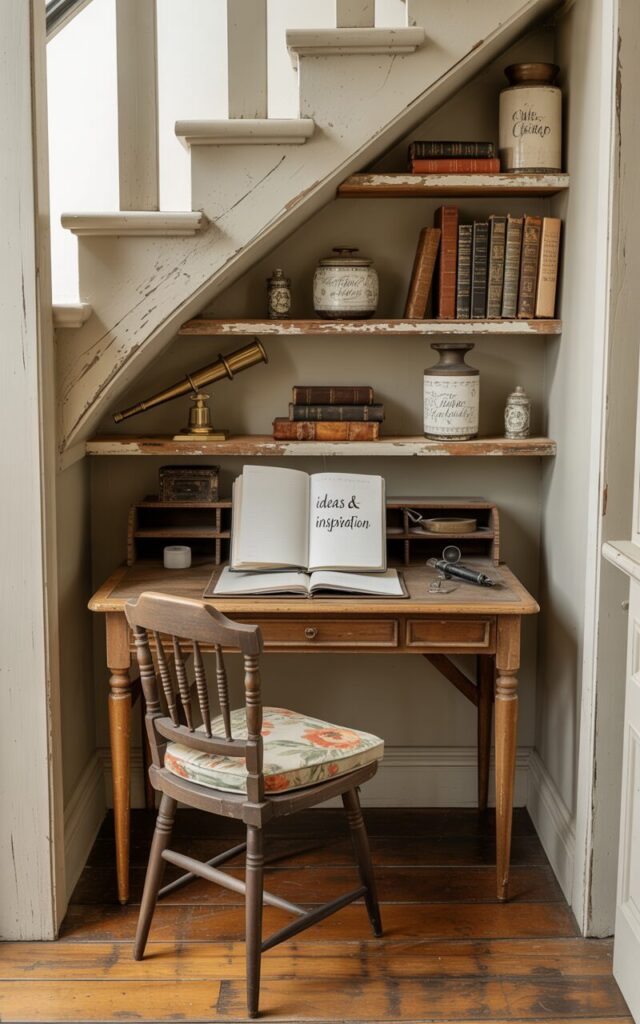A photograph of a cozy home office nook nestled beneath a staircase, centered around a compact antique writing desk. The desk holds an open journal with the words "Ideas & Inspiration" inscribed on the first page and a vintage fountain pen resting beside it, while weathered ivory walls are adorned with vertically stacked distressed wood shelves. The shelves display aged leather-bound books, a brass telescope, and ceramic jars with faded calligraphy labels, all illuminated by soft, natural light filtering through a stairway window. A spindle chair with a floral cushion sits comfortably before the desk, highlighting the warmth of the worn oak floor and the inviting atmosphere of the nook.