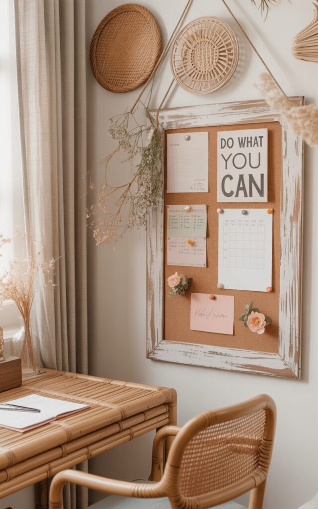 A serene Balinese + shabby chic home office corner featuring a rustic corkboard framed in distressed whitewashed wood. The corkboard is adorned with handwritten notes, colorful schedules, and vintage-style motivational quote ""Do what you can" pinned with floral pushpins. Surrounding the board, woven rattan wall hangings and delicate dried flowers add texture and warmth. A bamboo desk + chair with soft linen curtains nearby creates a breezy, relaxed vibe. Soft pastel tones—pale pinks, creams, and muted greens—infuse the space with gentle charm, blending tropical tranquility with cozy, lived-in elegance. Natural light is soft, ambient.