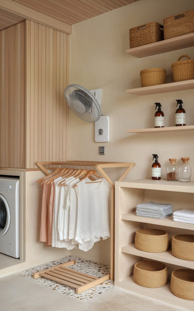 A serene Japandi-style laundry room with warm natural wood tones, smooth stone textures, and a clean, airy layout. There's a washer and dryer in the room. On the wall above a minimalist drying rack, a small, discreet fan is mounted—angled downward to gently dry a row of delicate garments hung on wooden hangers. The drying rack is built from pale oak, matching the floating shelves and hidden cabinetry. Nearby, woven baskets, bamboo trays, and glass bottles with wooden stoppers store laundry essentials like detergent sheets and linen sprays. A pebble-patterned mat rests beneath the rack.