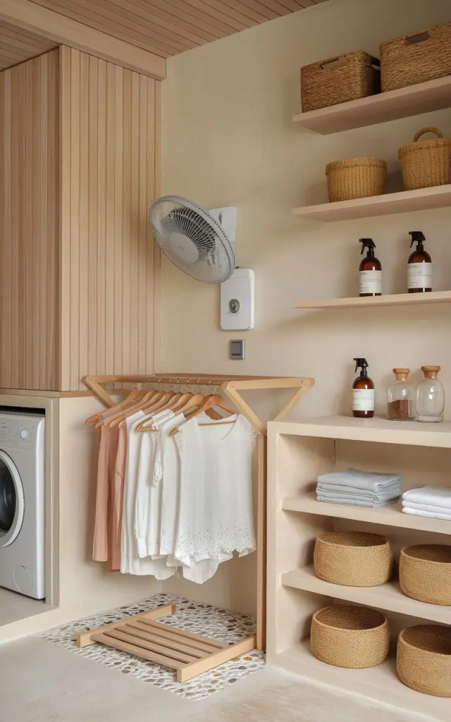A serene Japandi-style laundry room with warm natural wood tones, smooth stone textures, and a clean, airy layout. There's a washer and dryer in the room. On the wall above a minimalist drying rack, a small, discreet fan is mounted—angled downward to gently dry a row of delicate garments hung on wooden hangers. The drying rack is built from pale oak, matching the floating shelves and hidden cabinetry. Nearby, woven baskets, bamboo trays, and glass bottles with wooden stoppers store laundry essentials like detergent sheets and linen sprays. A pebble-patterned mat rests beneath the rack.