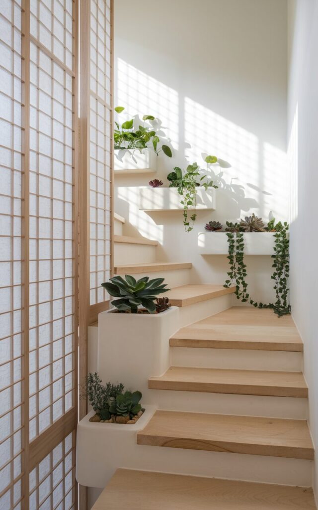 A photo of a serene Modern Asia Zen-style home with a staircase along a side wall. The staircase has light wood treads and sleek black metal railings. Integrated minimalist plant shelves are built into the railing structure, holding a curated selection of pothos, ivy, and small succulents in simple ceramic pots. The walls are clean white, and there are natural stone accents. Soft natural light filters through rice paper screens, creating a calm, balanced atmosphere where nature and architecture blend seamlessly.