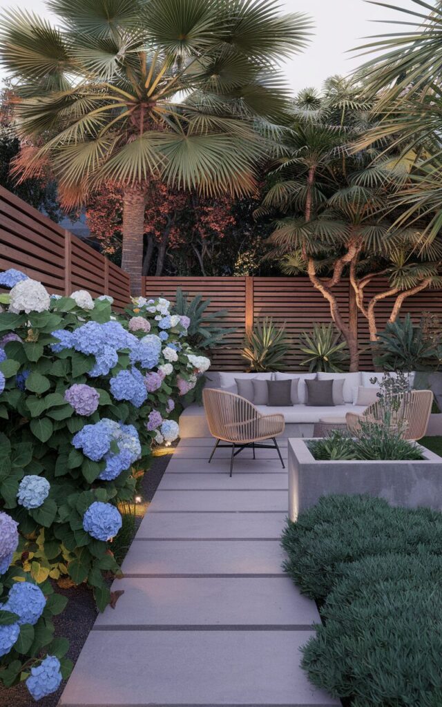 A serene backyard blending modern Balinese calm with refined European charm. The fence is lined with dense, flowering shrubs like hydrangeas, oleanders, and jasmine. A wooden slat fence stands tall behind the greenery, stained in a warm natural tone. A sleek concrete pathway runs alongside the border, leading to a minimalist lounge area with rattan chairs, stone planters, and soft neutral cushions. Tropical palms and Mediterranean herbs frame the space, while soft garden lighting glows at dusk. The vibe is tranquil, private, and luxuriously effortless.