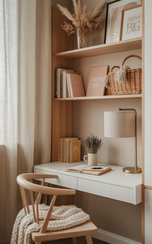 A photograph of a cozy corner home office bathed in soft morning light. A Scandinavian spindle-back chair with a chunky knit wool throw is positioned neatly in front of a white floating desk, displaying a simple ceramic mug and a small stack of vintage books with gold-leafed titles. The desk is mounted on a light wooden wall, complemented by pale oak panels and open wooden shelves showcasing dried lavender, pastel notebooks, and a handwoven basket, all subtly catching the light. A gauzy curtain gently filters the light, creating a quiet, airy, cottage-in-the-woods atmosphere, with the corner seamlessly integrated into a warmly lit living room beyond.