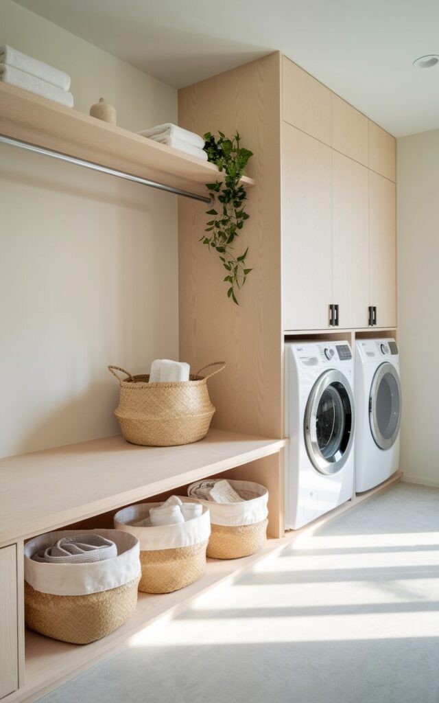 A serene, minimalist laundry room designed in modern Japandi style. A low, light oak bench with clean lines sits beneath a floating shelf. The bench features a smooth lift-top or sliding panel, revealing hidden storage with two to three soft woven baskets neatly tucked inside—holding rolled towels, cloth bags, and eco-friendly laundry essentials. The washer and dryer are integrated into pale wood cabinetry with flat fronts and black hardware. Neutral tones, soft textures, and touches of greenery complete the calming aesthetic. Natural light streams in, emphasizing the balance of function and tranquility.