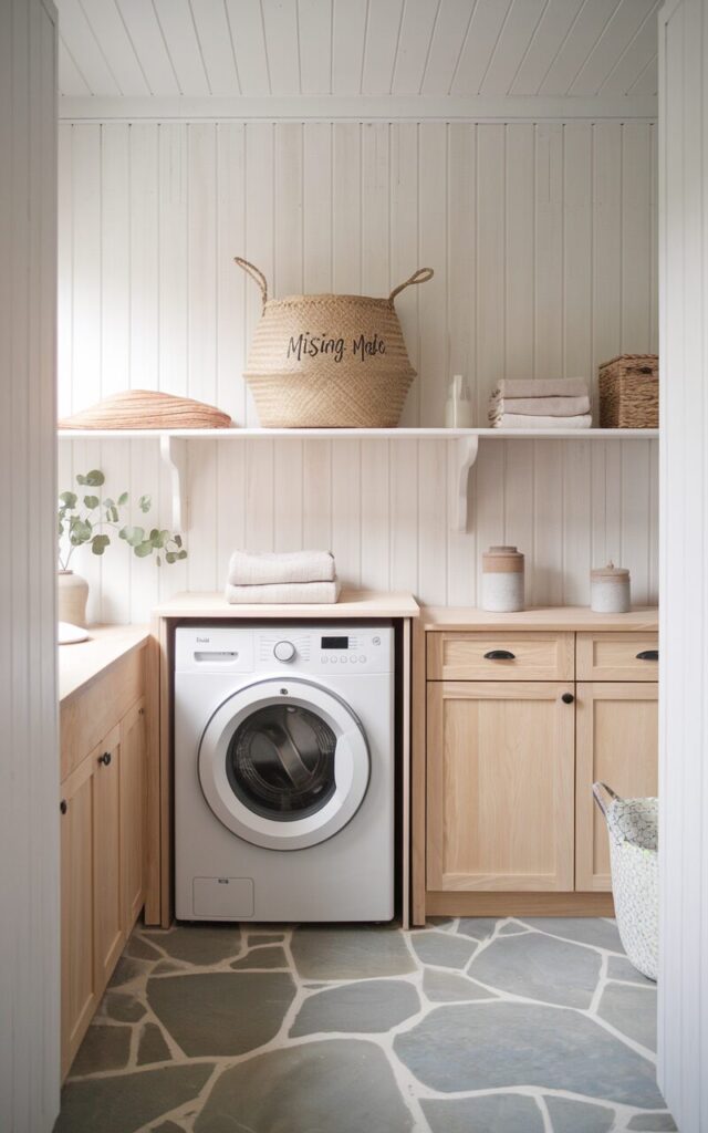 A serene modern rustic + Scandi-style laundry room with whitewashed wood-paneled walls, light oak cabinetry, and soft gray stone flooring. A minimalist woven basket labeled “Missing Mate” sits neatly on a floating shelf above the washer and dryer. The bin is crafted from natural fibers with a simple black script tag, blending seamlessly into the calm, neutral palette. Nearby, folded linens, ceramic containers, and a small potted eucalyptus plant add clean, organic texture. The space is bathed in diffused natural light, emphasizing the blend of warmth, simplicity, and intentional design.