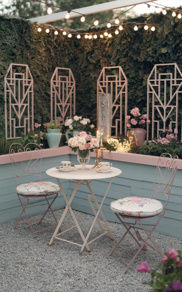 A photo of a shabby chic and art deco fully furnished backyard with a romantic and stylish flair. In one corner, there's a small gravel nook framed by low ornamental hedges and flowering plants. At the center of the nook sits a delicate café-style table in distressed white metal, paired with two mismatched but elegant chairs featuring soft floral cushions. The table is set with vintage china teacups, a crystal vase of fresh roses, and a gold-accented candleholder. Around the nook, art deco–inspired geometric garden screens and pastel-painted planters add structure and glamour. Overhead, string lights drape gracefully, casting a warm evening glow over the cozy seating spot.