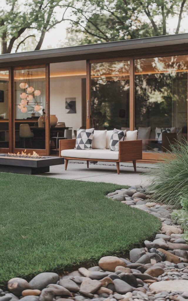 A photo of a mid-century modern backyard with a sleek design. There is a lush, green lawn edged with smooth natural river rocks. A minimalist outdoor sofa with wooden accents and geometric cushions is placed near a low-profile firepit. Large glass doors of the attached mid-century home open onto the yard, creating a seamless blend of indoor and outdoor spaces. The setting combines natural elements with sophisticated design for a functional and stylish outdoor living area.
