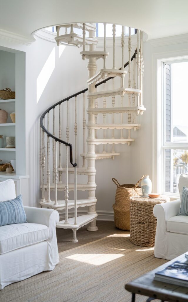 A photo of a California coastal-style living room with a small spiral staircase in the corner. The staircase has whitewashed wooden steps and a slender wrought-iron railing painted in soft matte white. The room features light blue accents, woven baskets, and driftwood furniture. There is a large window in the room, allowing natural light to flood the space. The spiral design of the staircase maximizes space while adding a charming, sculptural element that feels both functional and effortlessly coastal.