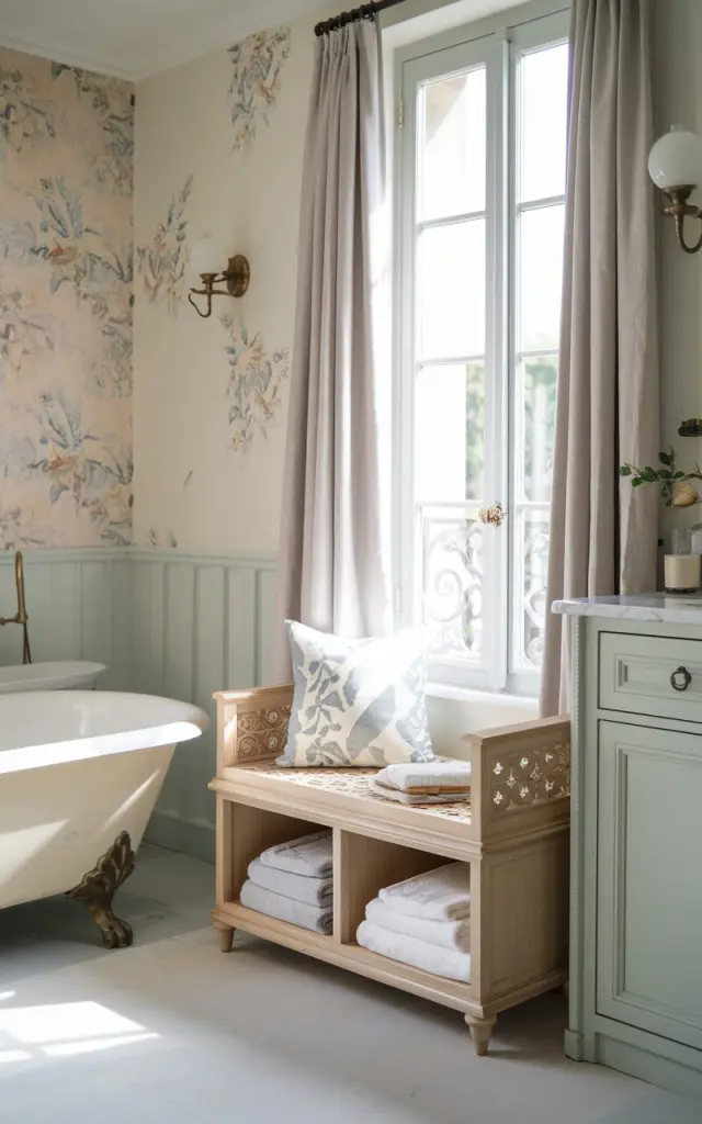 A photo of a small French countryside full bathroom with a multi-purpose bench with hidden storage placed against a wall. The bench is crafted from light wood with carved detailing, serving as a seating area and storage for towels, toiletries, or laundry. The bathroom includes a freestanding tub, marble countertop vanity, and vintage brass fixtures, with soft pastel walls and floral accents. Natural light streams in through a large window with linen curtains, creating a charming, functional, and elegant space that perfectly blends style and practicality.
