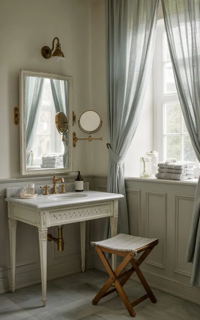 A photograph of a small, meticulously designed Gustavian-style bathroom featuring a pocket mirror on a swivel arm as the primary focal point. The mirror's aged brass finish gleams against a whitewashed wooden vanity adorned with delicate carved details and a marble countertop featuring antique brass fixtures, a foldable stool sits perfectly in front of the vanity. Soft pastel walls and light gray wainscoting create a serene backdrop, accented by sheer curtains filtering natural light through an elegant window illuminating stacked towels and glass jars. The entire space exudes a sense of timeless beauty with subtle floral accents and a glimpse of a discreet shower area.
