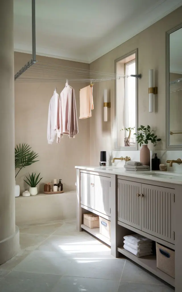 A photo of a bathroom with a modern-chic and traditional design. There is a retractable clothesline stretched across the room with a few clothes hanging neatly. The bathroom has neutral-toned walls, a classic vanity with clean lines, and modern brass fixtures. There are subtle decorative accents like potted greenery, folded towels, and small storage baskets. Soft natural light filters through a small window.